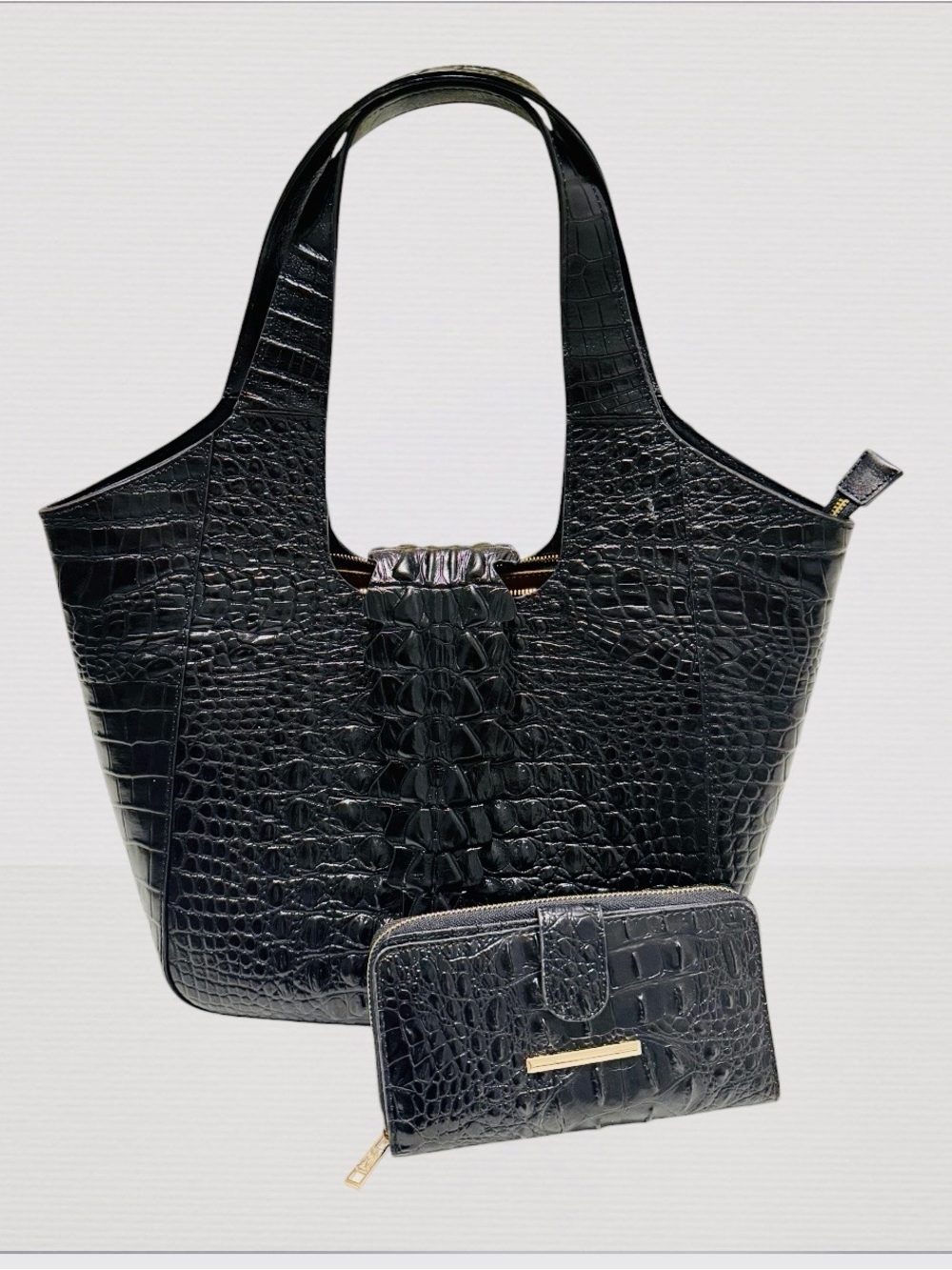 Pijushi Black Genuine Leather Croc Embossed Tote & Wallet Set